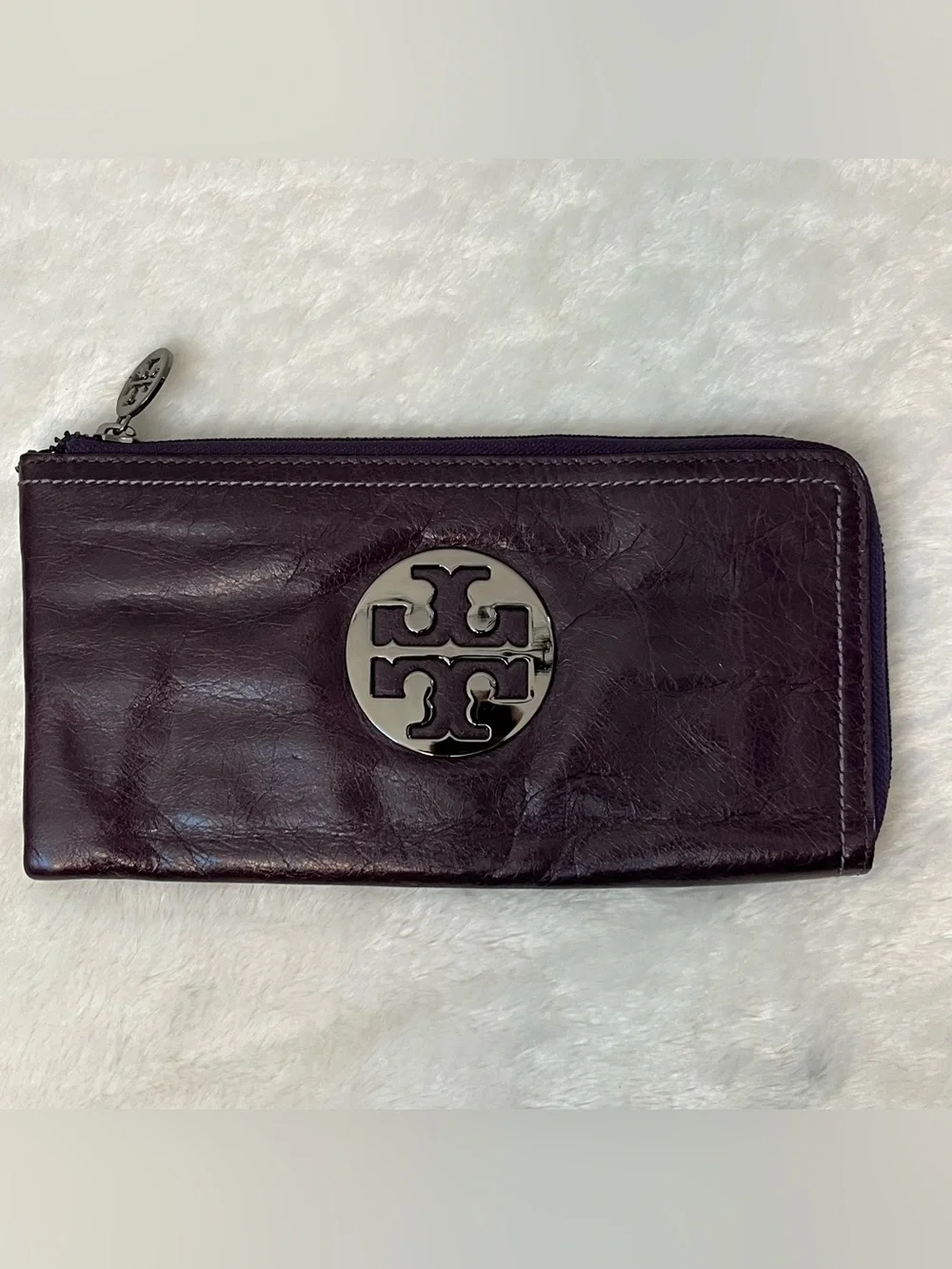 Tory Burch Purple Leather Half Zip Around Wallet